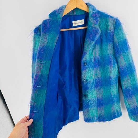 Vintage Hillary Charles Mohair Wool Blend Plaid Jacket Blue Green USA Made - Picture 6 of 10